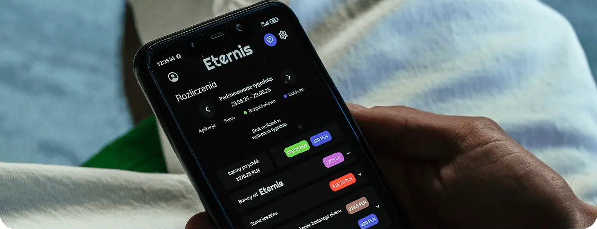 Aplikacja Eternis na telefonie - rozliczenia i wypłaty